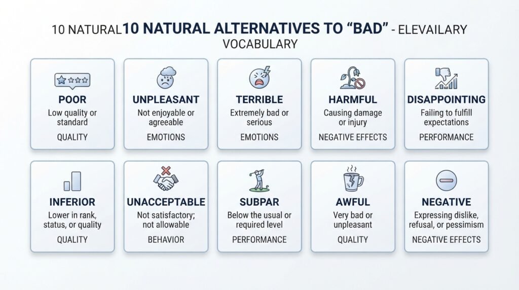 10 alternatives to bad including poor unpleasant harmful and disappointing