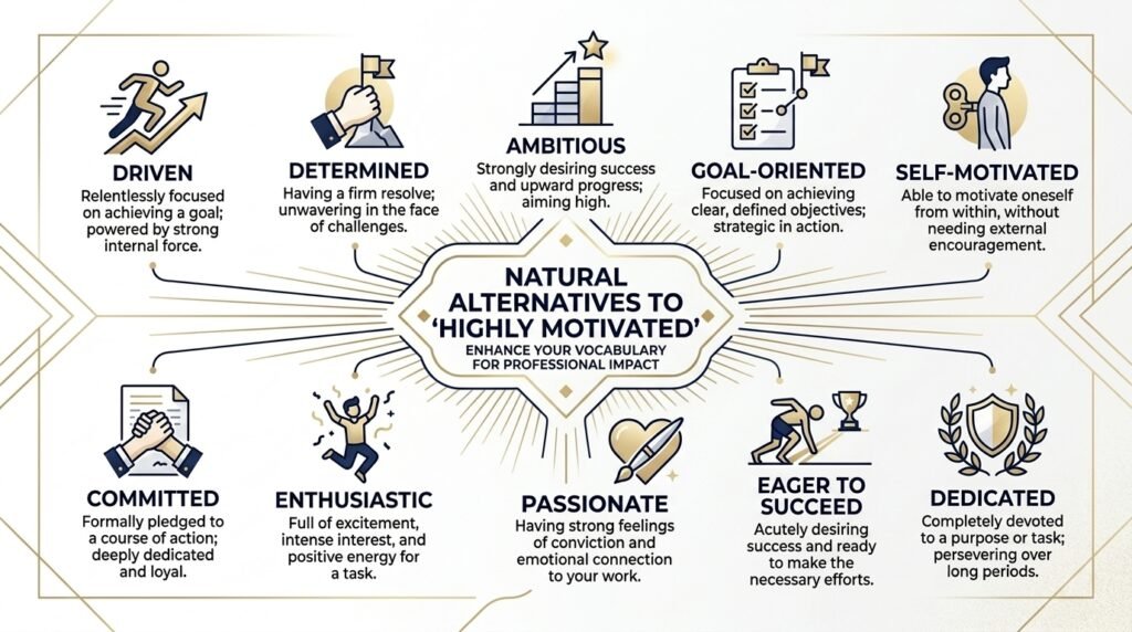 10 alternatives to highly motivated including driven, determined, ambitious, and self-motivated