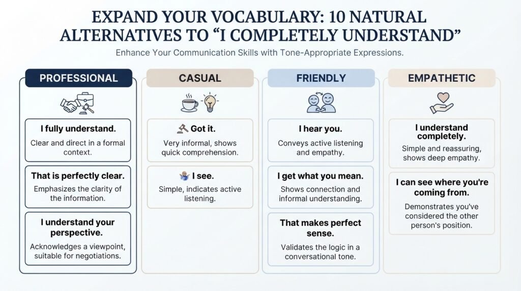 Ten alternatives to saying I completely understand in English