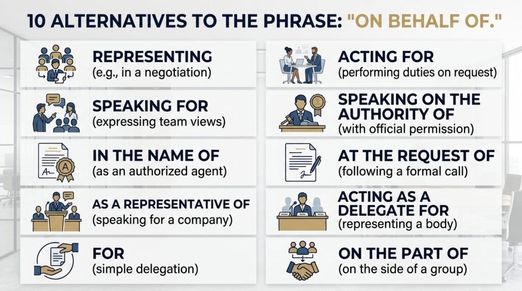 10 alternatives to on behalf of including representing and speaking for