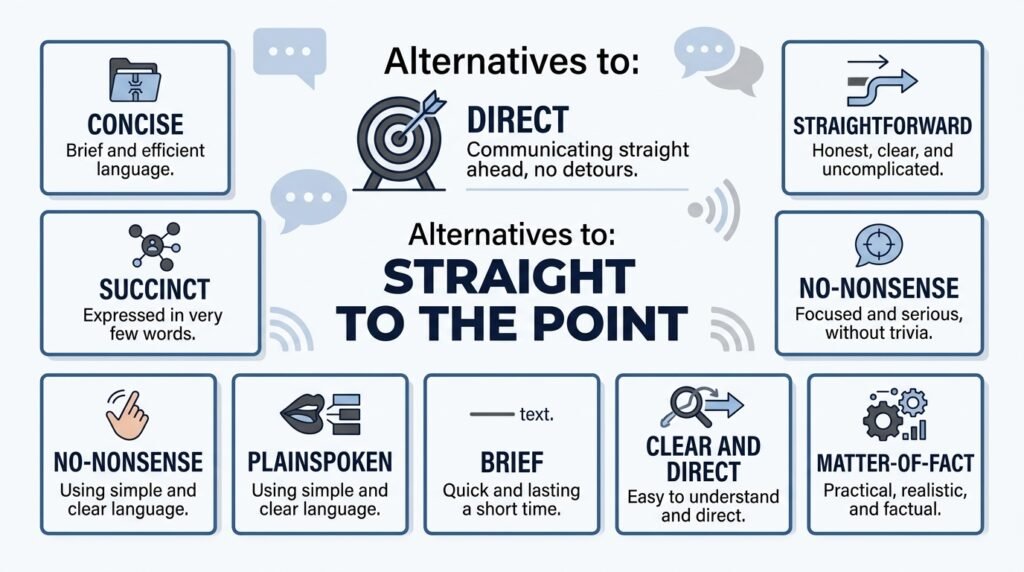 10 alternatives to straight to the point including concise, direct, and straightforward