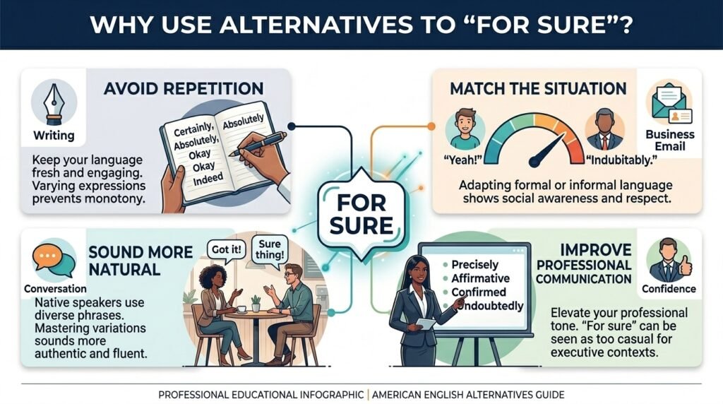 Why use alternatives to for sure in English
