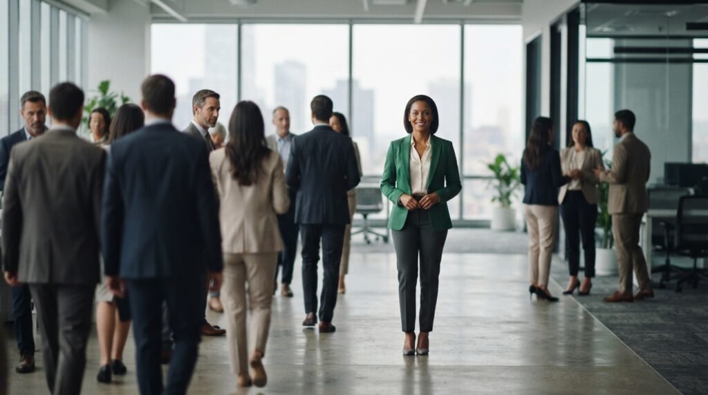 Person standing out from a professional crowd