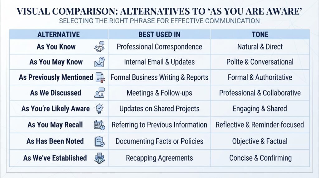 Comparison of alternatives to as you are aware by tone and usage