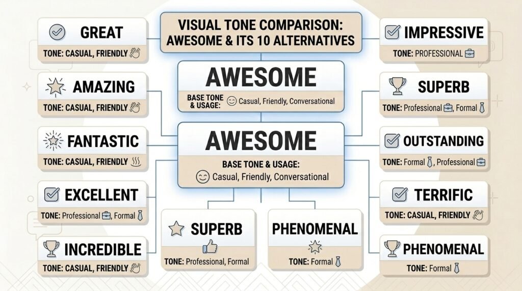 Comparison of awesome synonyms by tone and usage