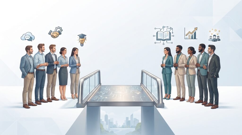 Illustration showing people connecting across a gap