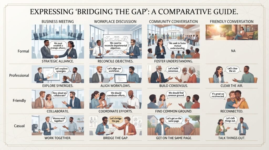 Comparison of formal professional friendly and casual phrases