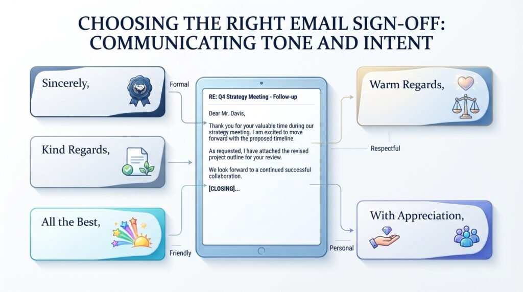 Different professional email sign-offs for different communication tones