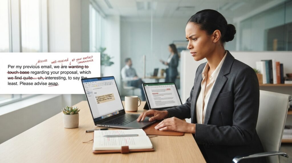 Writer correcting wording mistakes in professional communication