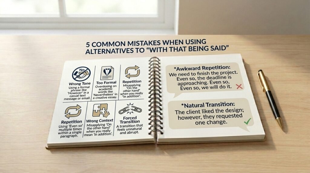 Common mistakes when using alternatives to with that being said