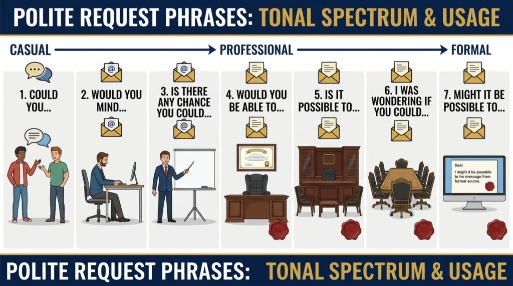 Comparison of polite request phrases from casual to formal English