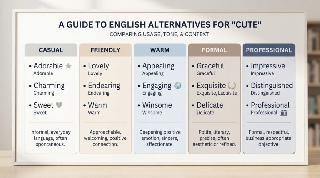 Comparison of cute synonyms by tone and usage