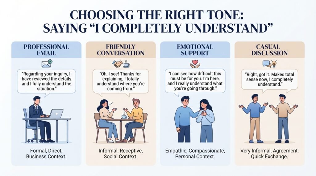 Different communication situations for saying I completely understand