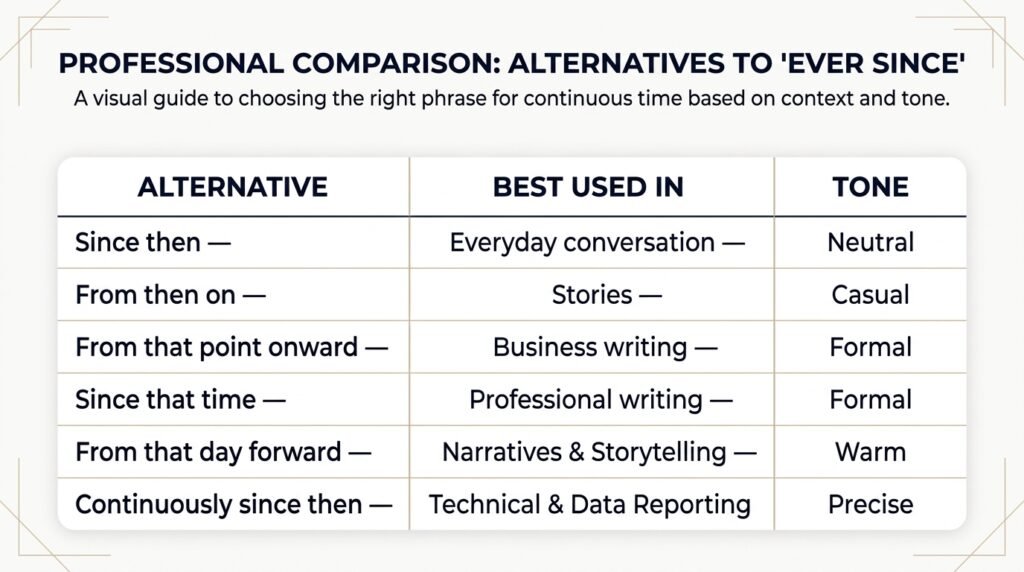 Comparison of ever since alternatives by usage and tone