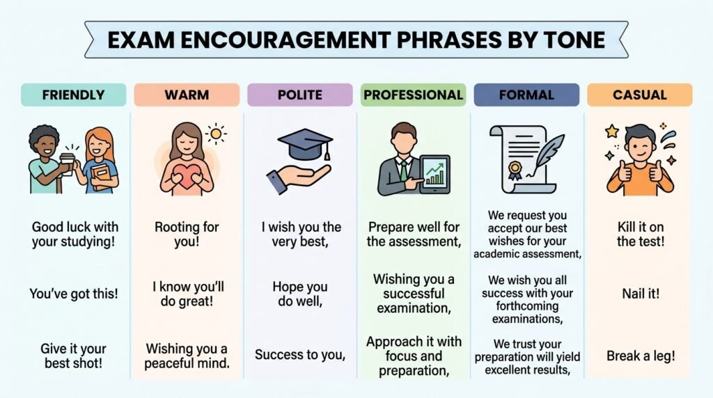 Comparison of exam encouragement phrases by tone and situation
