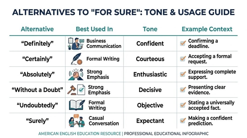 Comparison of for sure alternatives by tone and usage