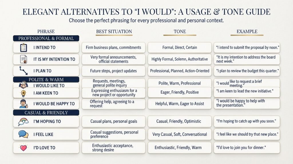 Comparison of alternatives to I would by tone and situation