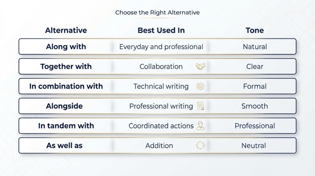 Comparison of alternatives to in conjunction with by tone and usage
