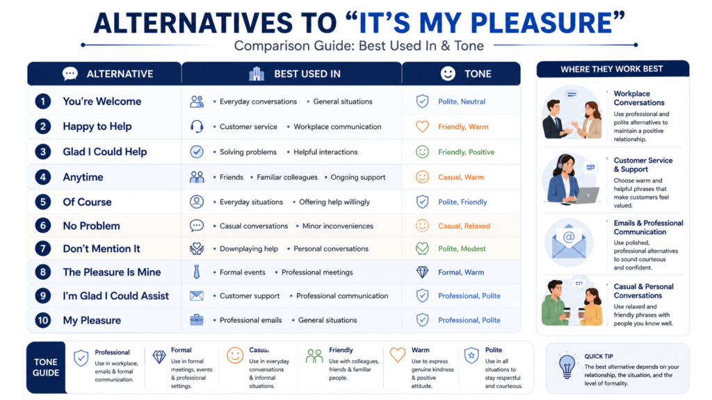 Comparison of alternatives to it’s my pleasure by tone and situation