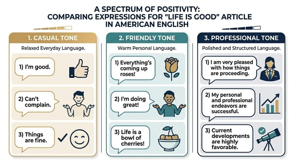 Comparison of casual friendly and professional phrases for life is good