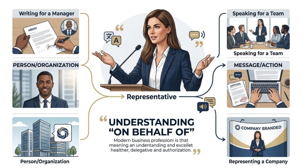 Meaning of on behalf of with examples of representing another person or organization