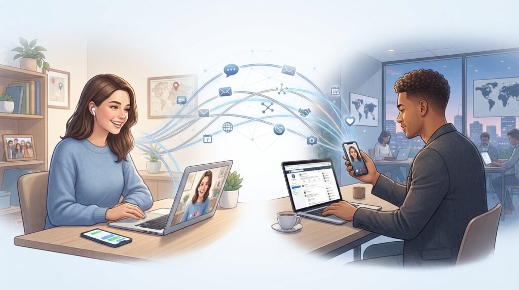 Two people communicating online to stay connected