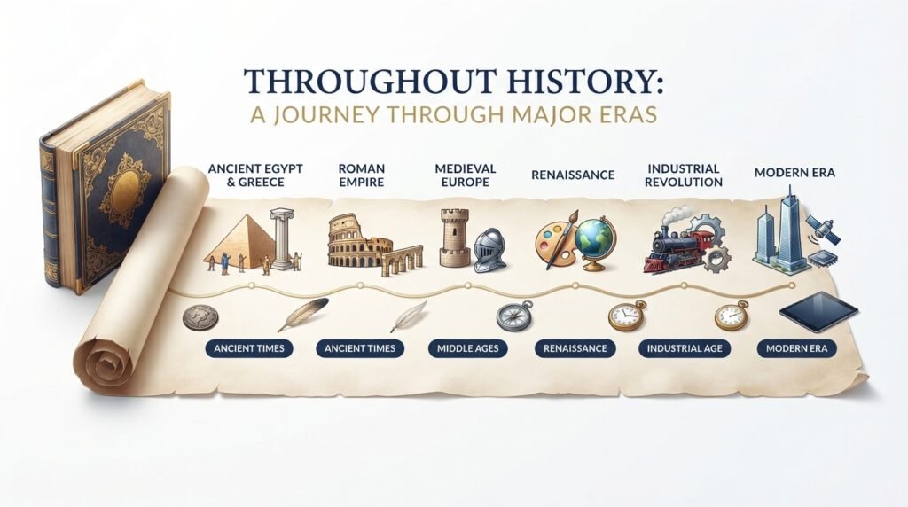 Timeline showing the meaning of throughout history across major historical eras
