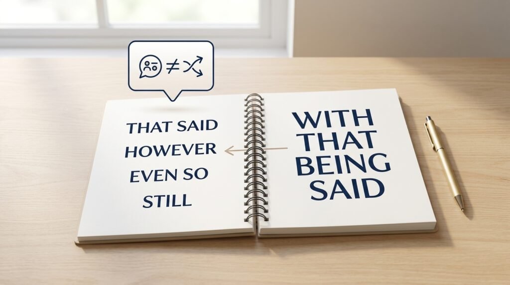 Meaning of with that being said and common alternative transition phrases