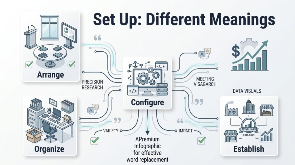 Different meanings of set up including arrange organize configure and establish