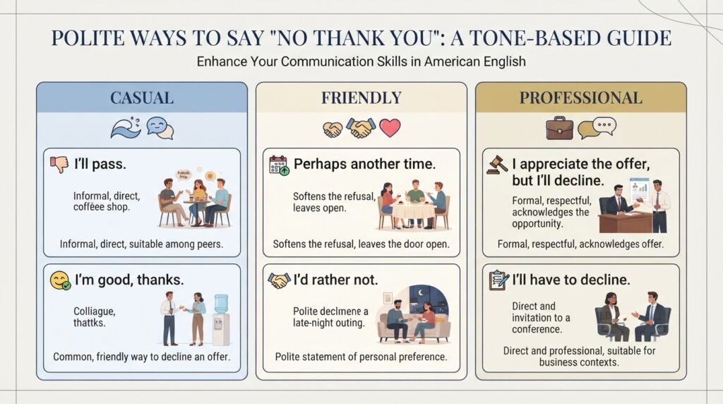 Comparison of casual friendly and professional ways to say no thank you