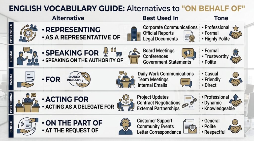 Comparison of on behalf of alternatives by usage and tone