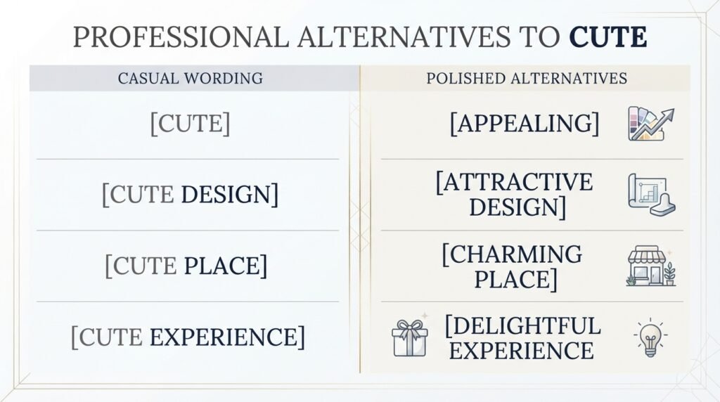 Professional alternatives to cute such as appealing attractive charming and delightful