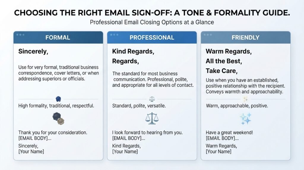 Comparison of formal professional and friendly email sign-offs
