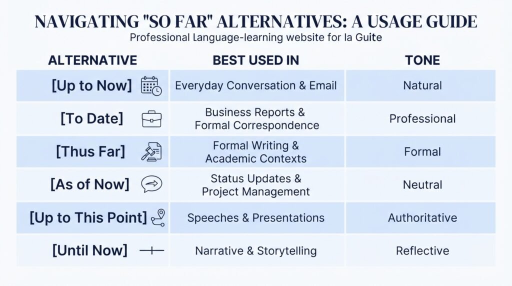 Comparison of alternatives to so far by usage and tone