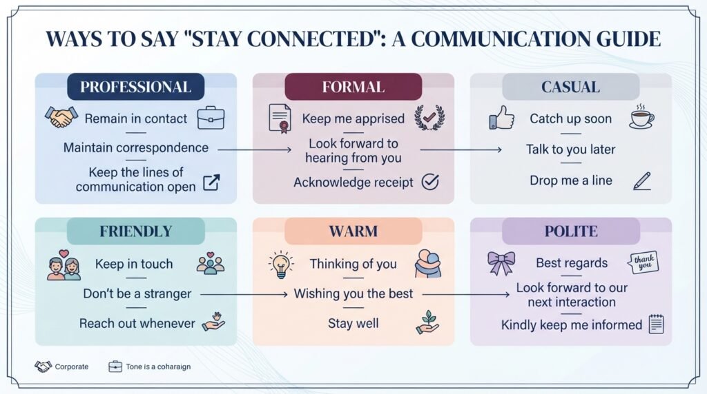 Comparison of stay connected phrases by tone and usage