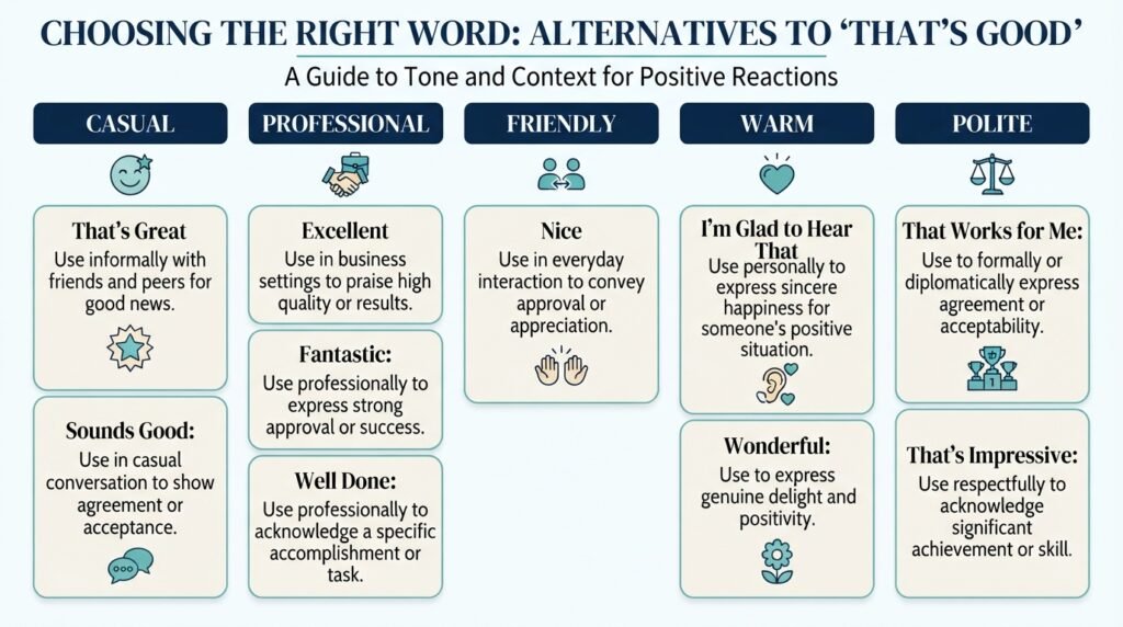 Comparison of alternatives to “that’s good” by tone and usage