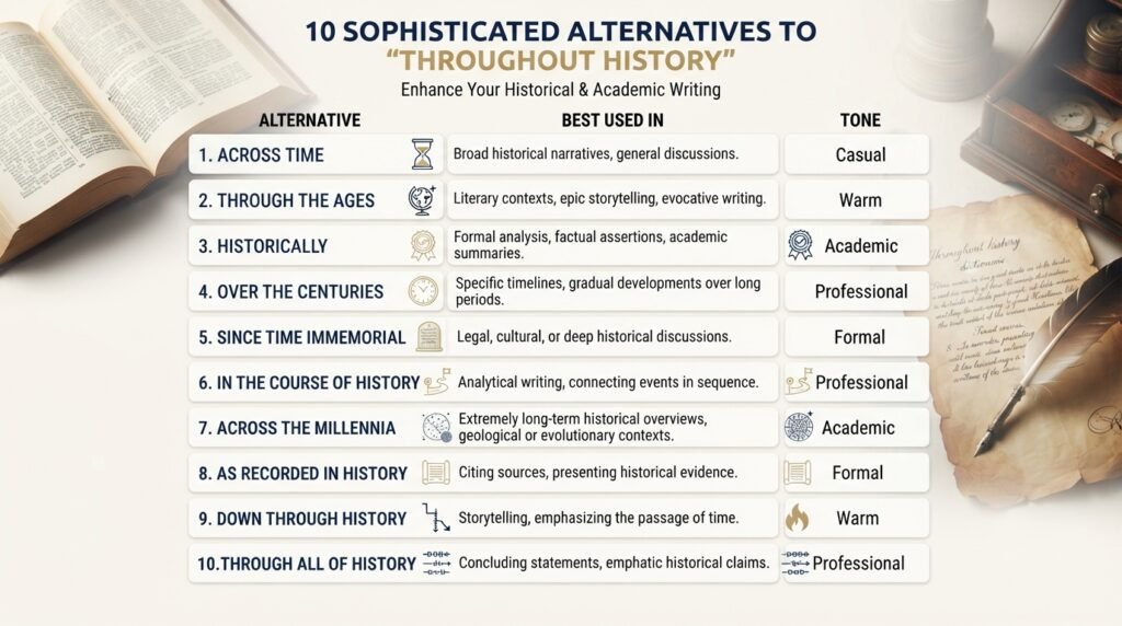 Comparison chart of alternatives to throughout history by tone and usage
