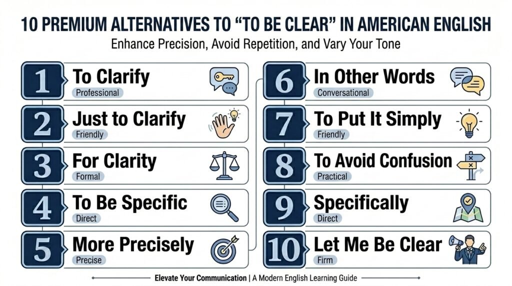 Comparison of alternatives to to be clear by tone and usage