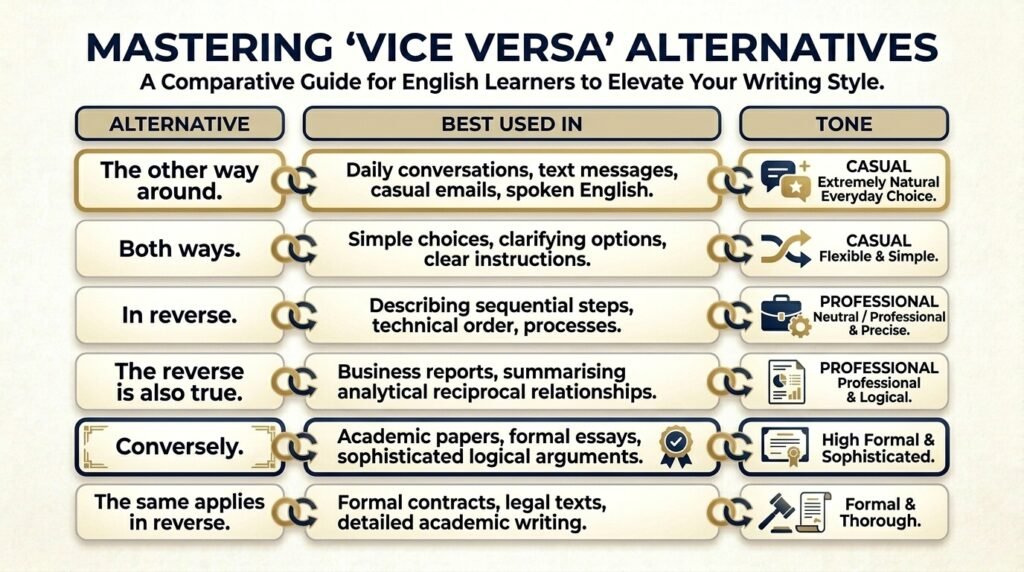 Comparison of vice versa alternatives by usage and tone