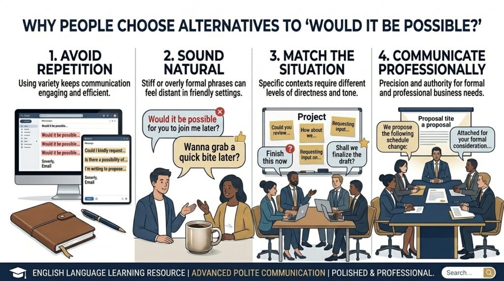Reasons to use alternatives to would it be possible in English communication